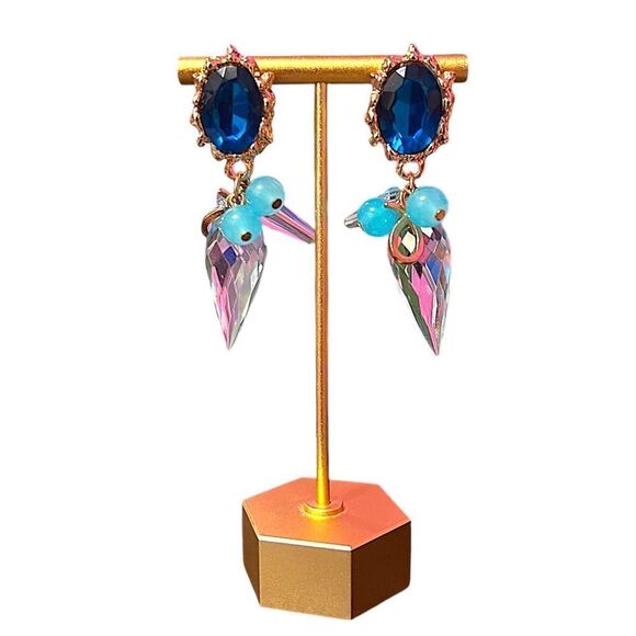 Teal Rhinestone And Blue Bead And Faux Crystal Gold Tone Dangle Earrings - Picture 1 of 3